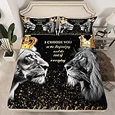 3D Lion Couple Fitted Sheet Queen Size,Golden Glitter King and Queen Crown Bedding Set for Kids Girls Women Men Room Decor,African Wild Animals Bed Sheet Valentine's Day Deep Pocket Sheet,Black