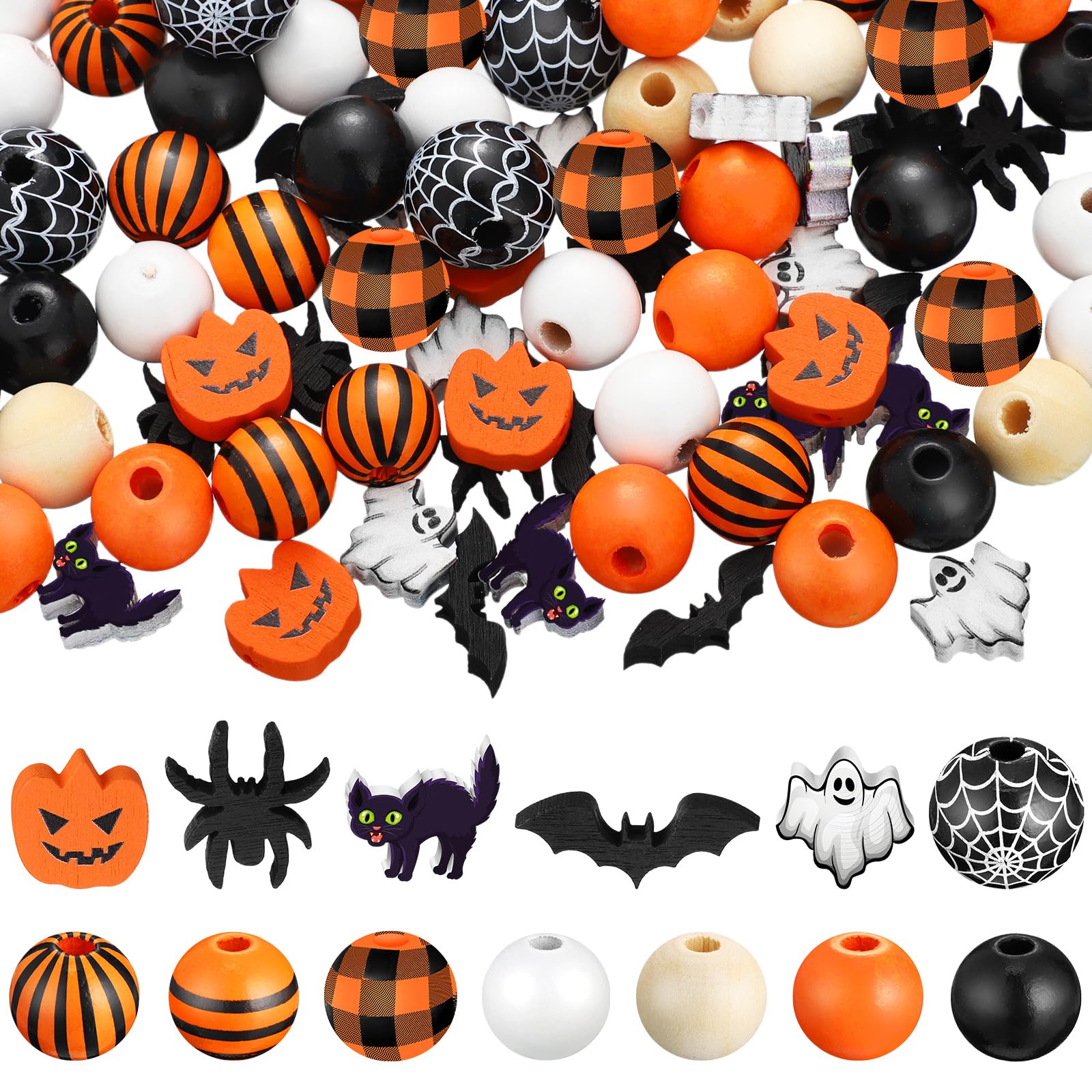 Photo 1 of 200 Pcs Halloween Wood Beads Buffalo Plaid Beads Pumpkin Bat Wooden Bead Craft Buffalo Plaid Stripes Styles Wood Bead for Halloween Decoration DIY Home Décor (Pumpkin)