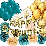 Teal Gold Birthday Decorations for Women Gold Happy Birthday Balloons Polka Dot Fans Teal Gold Ballons for Teal Gold Birthday