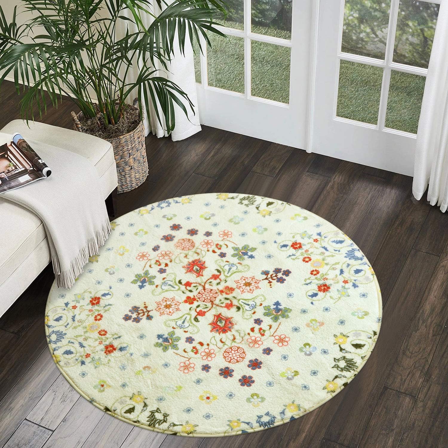 Uphome Round Area Rug 3ft Small Beige Rustic Throw Rugs Soft Velvet Romantic Country Floral Style Accent Rug Contemporary Cute Floor Carpet Non-Slip Washable for Bedroom Living Room Home Decor