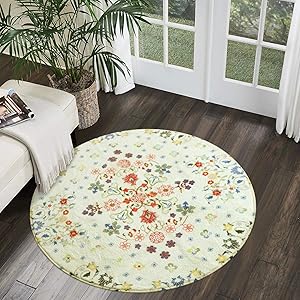 Uphome Round Area Rug 3ft Small Beige Rustic Throw Rugs Soft Velvet Romantic Country Floral Style Accent Rug Contemporary Cute Floor Carpet Non-Slip Washable for Bedroom Living Room Home Decor