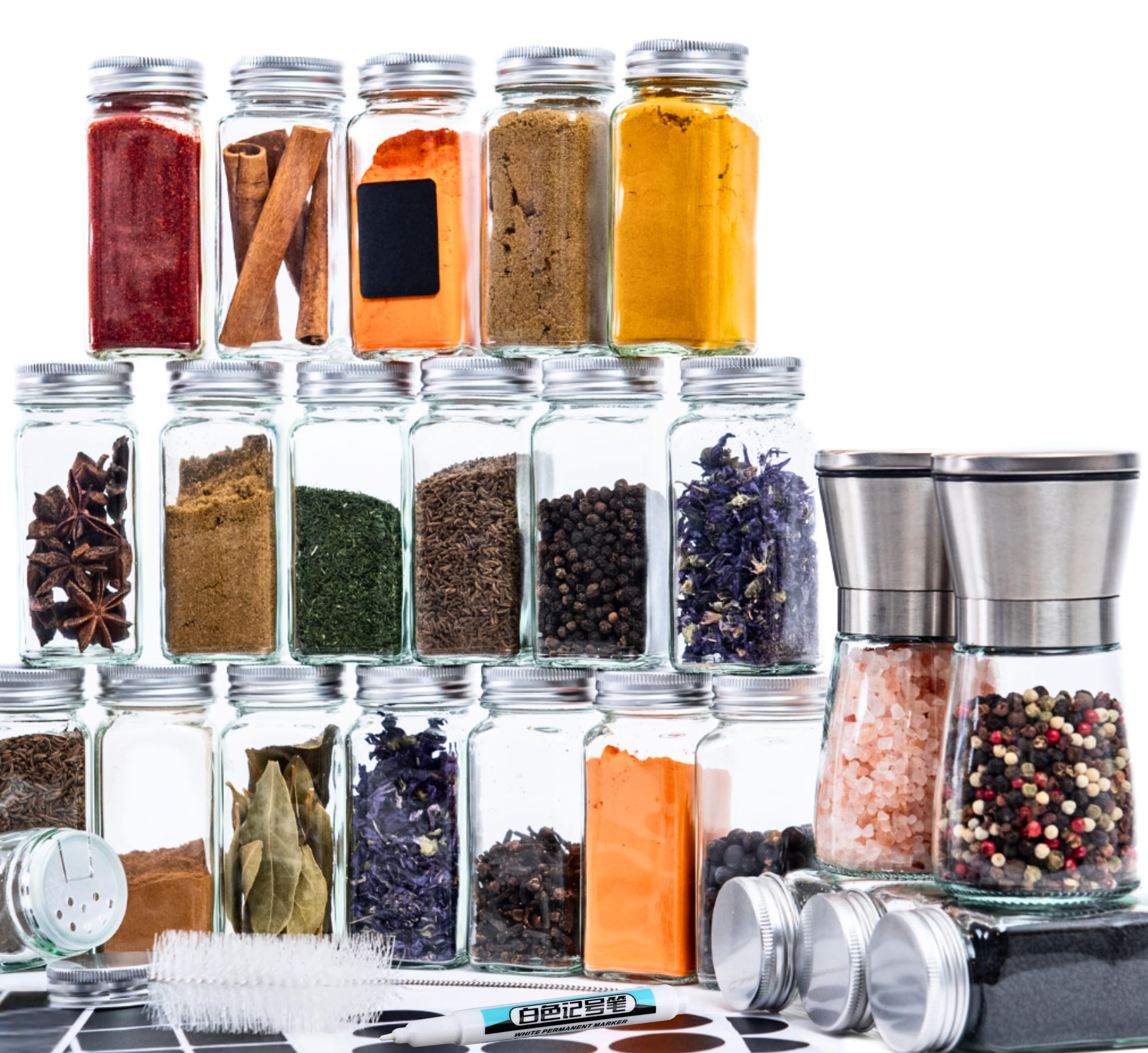 Miramarline Set 24 Gewürzgläser mit Streueinsatz Gewürzbehälter Glas - Pfeffermühle - Kräuter- und Gewürzaufbewahrung - Gewürzstreuer [inkl. Marker, Gewürzetiketten & Reinigungsbürste] Spice Jars