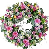 CIR OASES 22” Artificial Flower Wreath,Colorful Daisy Morning Glories and Green Leaves Wreath Spring/Summer Floral Decoration for Front Door Wall Window Holiday Party Wedding Decor