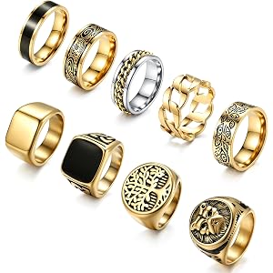 SONNYX 9Pcs Stainless Steel Vintage Signet Rings for Men, Size 7-13 | Square Signet Rings Pinky Engraved Ring Thumb Retro Ban
