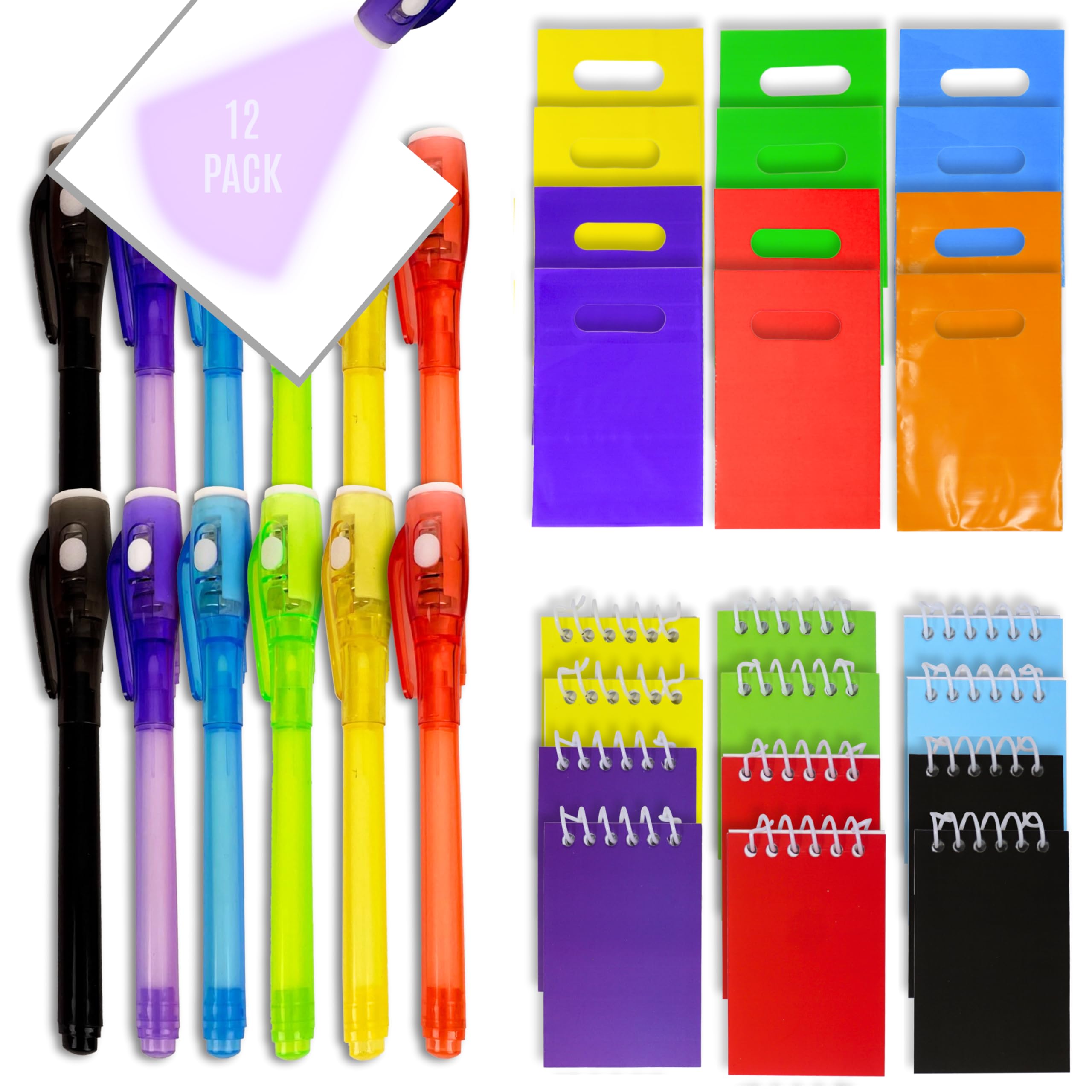 Photo 1 of 4E's Novelty 12 Invisible Ink Pen with UV Light, 12 Mini Notebook and 12 Colored Goodie Bags - Fun Bulk Party Favors for Kids