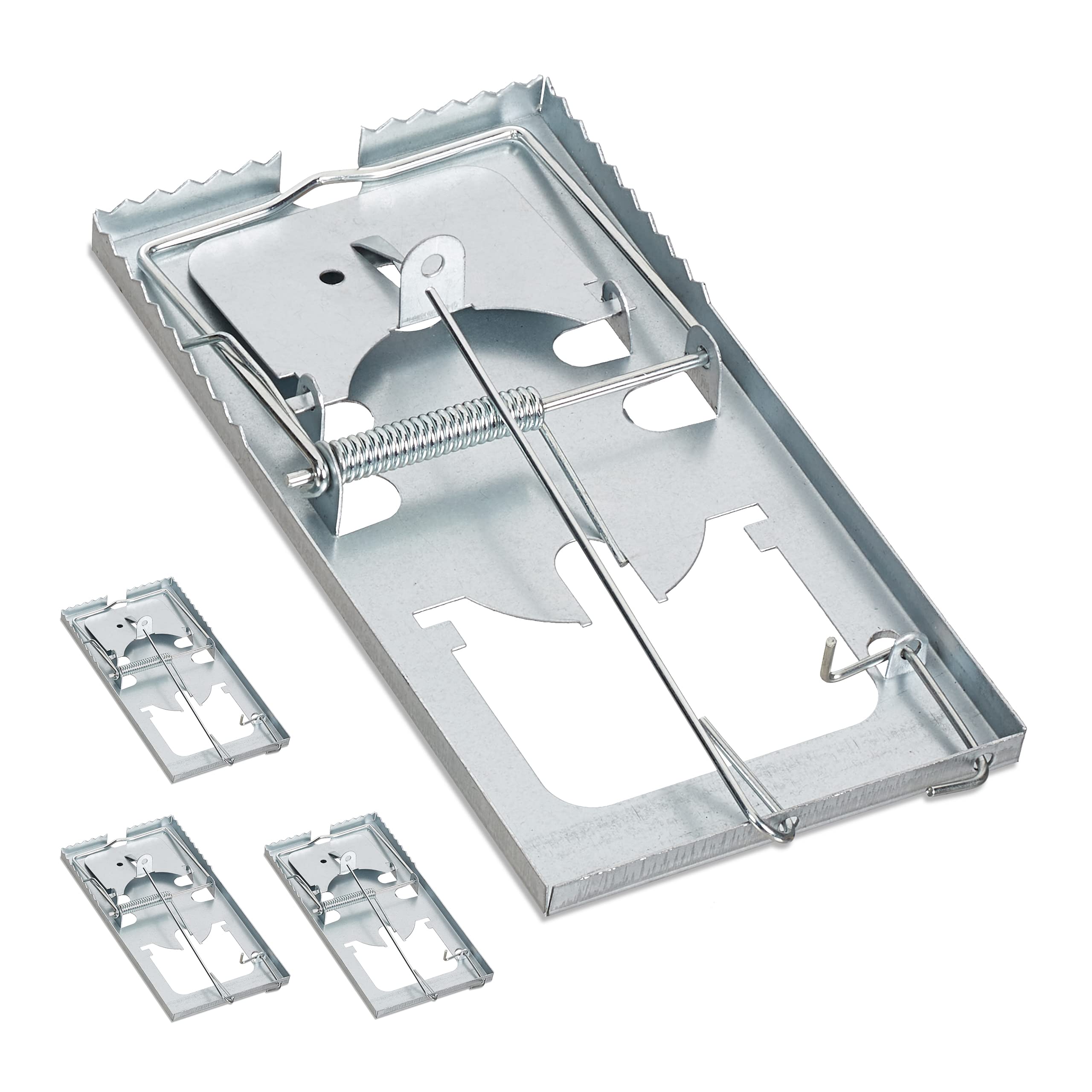 Relaxdays Rat Snap Trap, Pack of 4, Toothed Edge, Reusable, Strong & Sensitive Spring, Mice Control, Metal, Silver