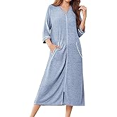 Ekouaer Zipper Robes for Women 3/4 Sleeve Bathrobe Lightweight House Coats for Women with Pockets Long Moo Moo Nightgown