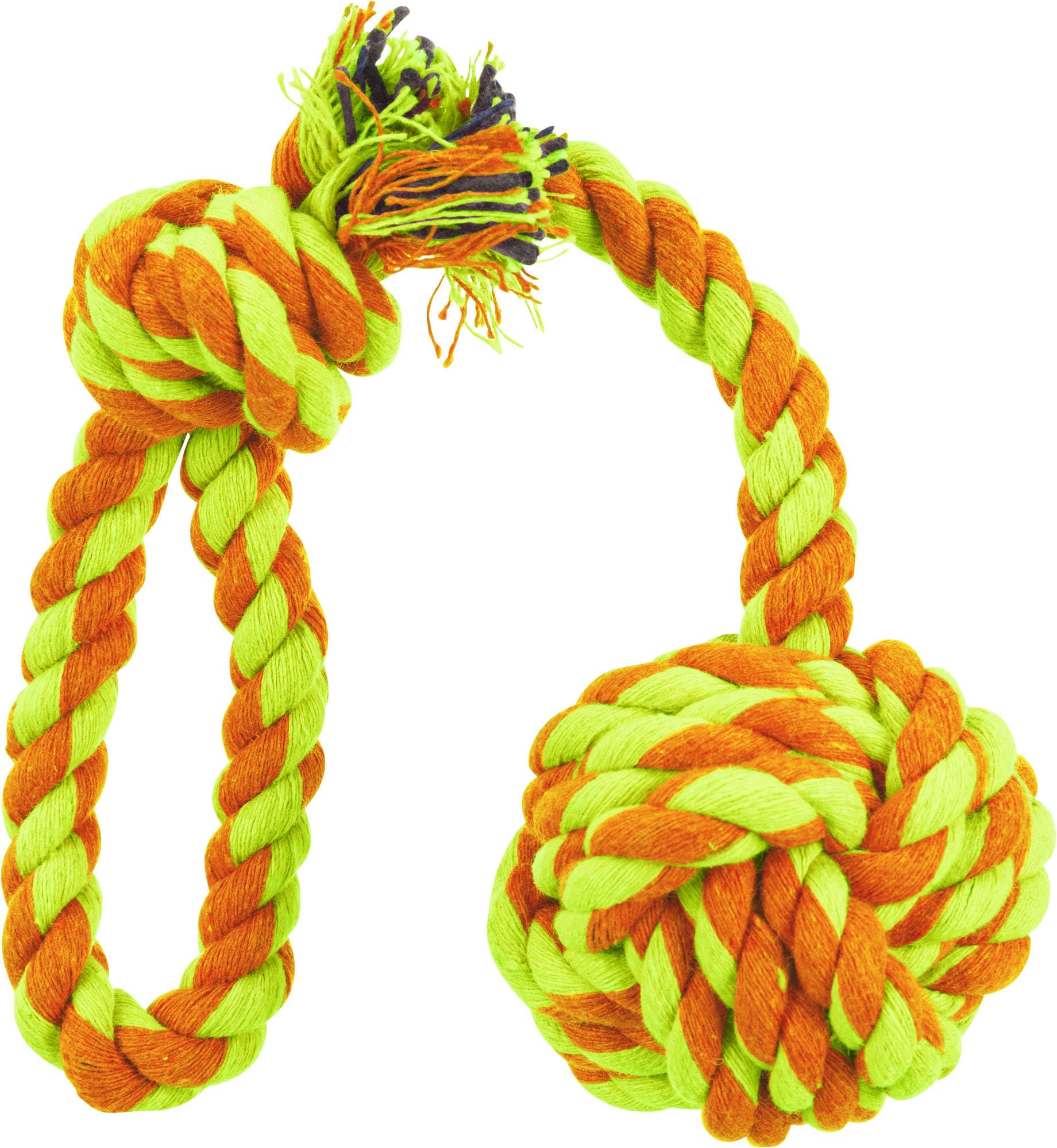 Trixie dog play rope with woven ball, ø 5.5/30 cm, orange/lime, cotton/polyester, for throwing and tug-of-war — image 1
