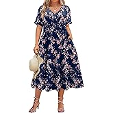 IN'VOLAND Womens Plus Size Short Sleeve Dress Summer Midi Casual Tiered V-Neck Aline Flowy Loose Dresses with Pockets