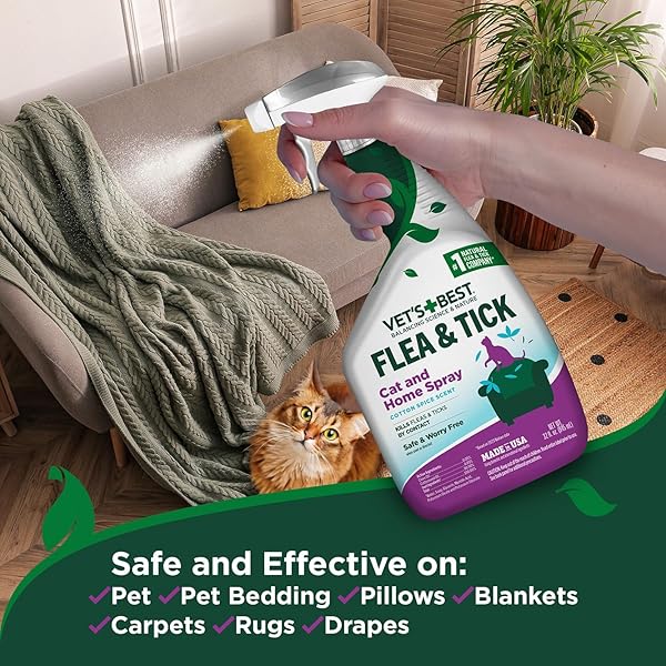 VET’S BEST FLEA & TICK HOME SPRAY FOR CATS – PLANT-BASED FLEA AND TICK TREATMENT WITH COTTON SPICE SCENT – GENTLE FLEA MIST FOR INDOOR USE – MADE IN USA NATURAL CAT FLEA CONTROL – 32 OZ