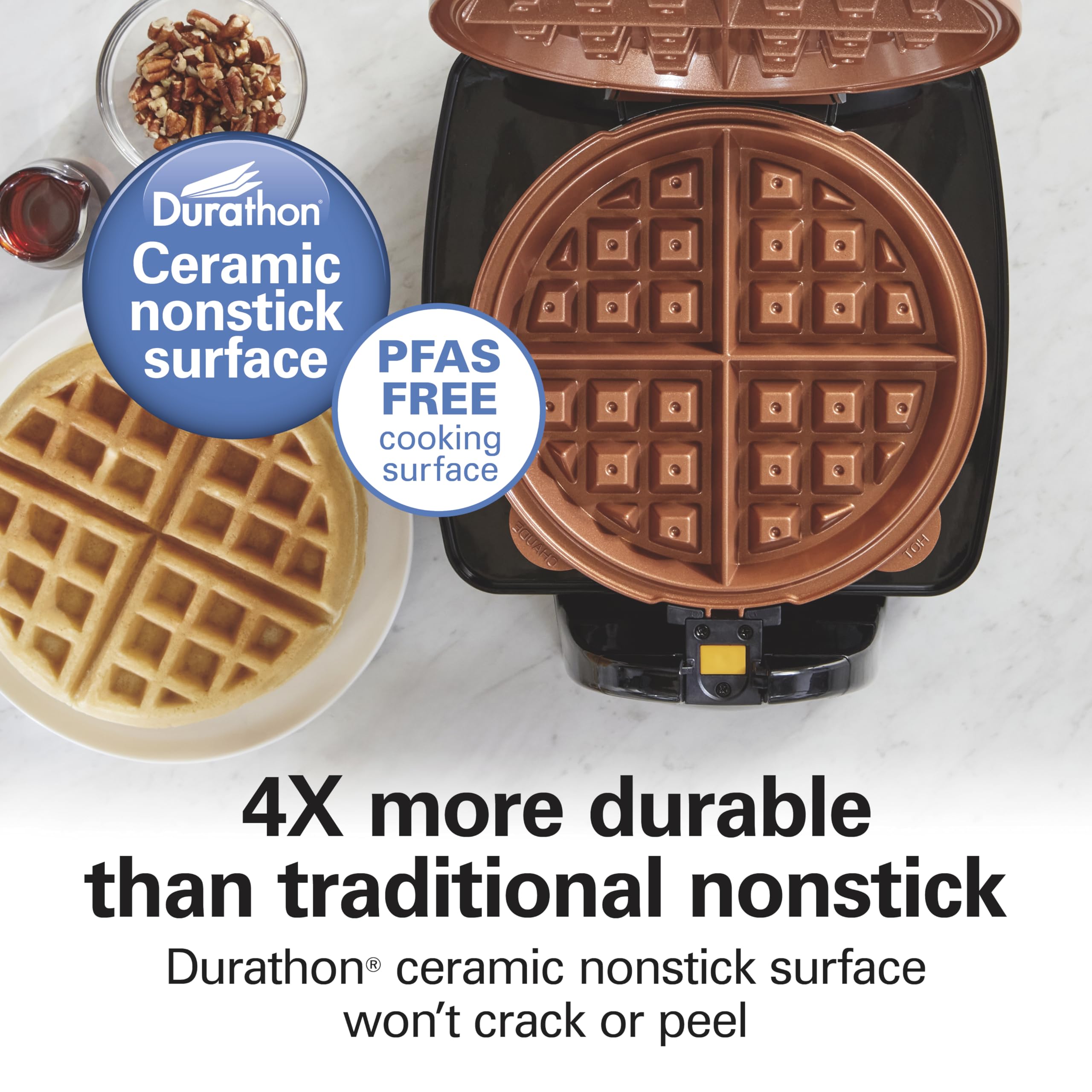 Hamilton Beach Belgian Waffle Maker with Removable PFAS-Free Durathon Nonstick Coated Plates, Easy Flip, Ceramic Grids, Black (26031)