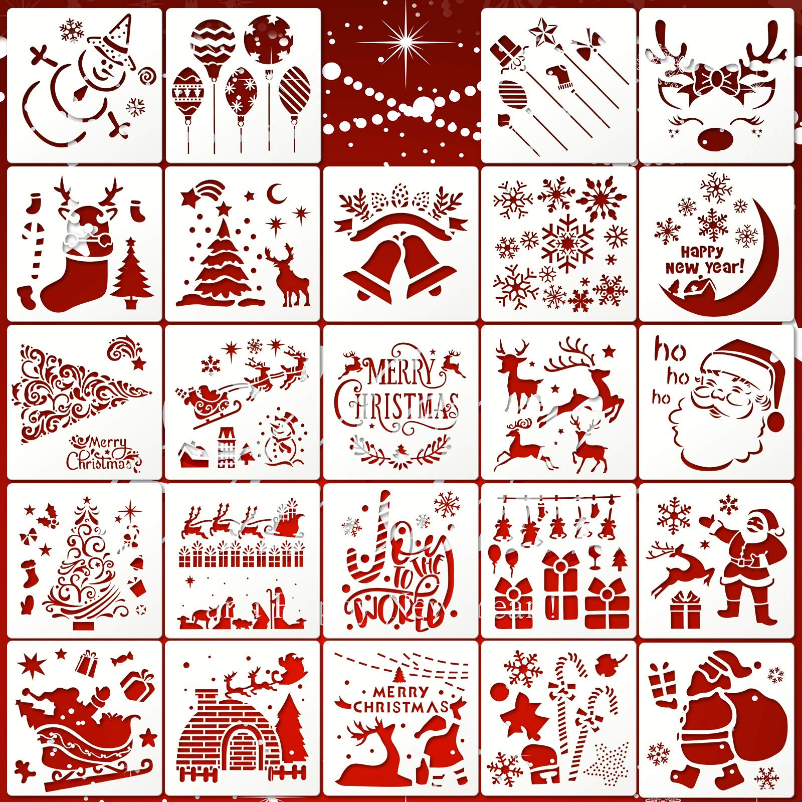 24 Pieces Christmas Stencils Template Reusable Plastic Craft Painting Stencils for Painting Drawing Spraying Journal Template, Wood, Rocks and Walls Art, Christmas Card DIY Projects