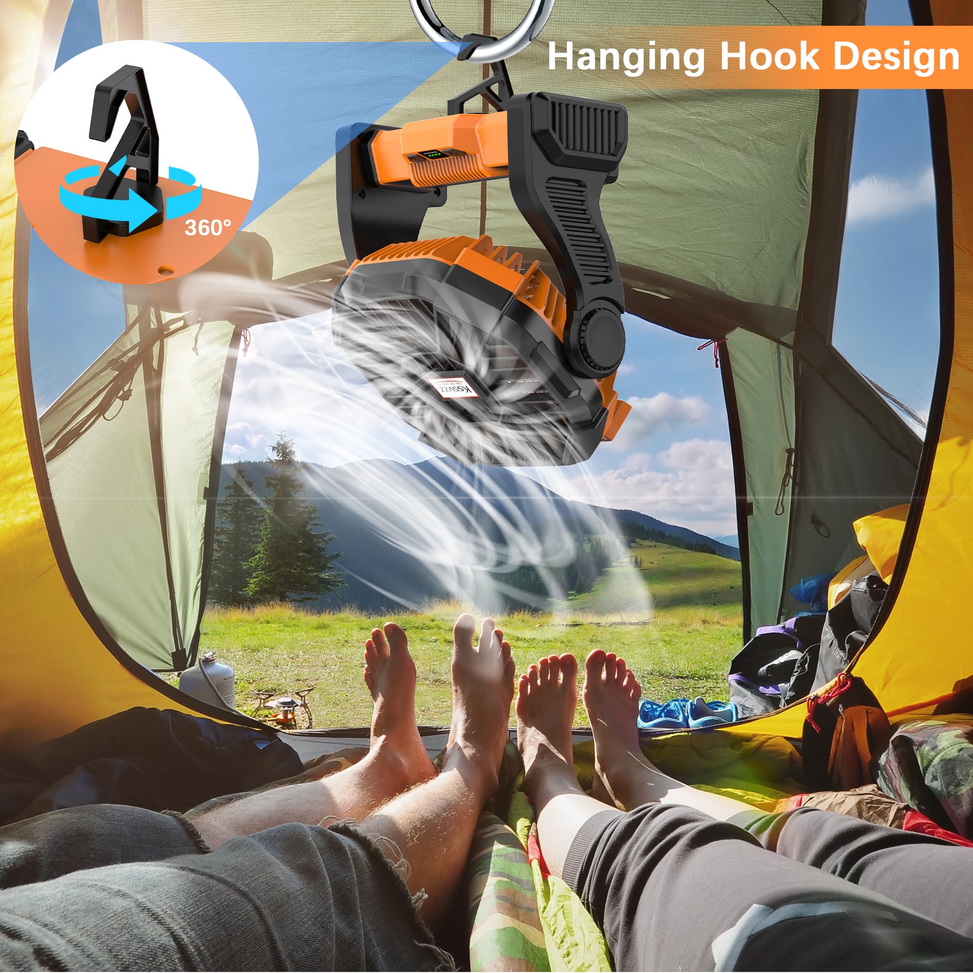 Portable Camping Fan Rechargeable with LED Lantern - 20000mAh Cordless Battery Powered Fan, 4 Speed Quiet USB Table Desk Fan, Battery Operated Tent Fan for Travel, Beach, Fishing, Home&Office (Orange)