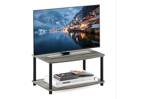 Furinno TURN-N-TUBE TV Riser Stand, 2-Tier Small Elevated No Tools TV Stand, TV Console for TV up to 32 inch, 15.8 x 23.8 x 11, for Living Room, Bedroom, Oak Grey