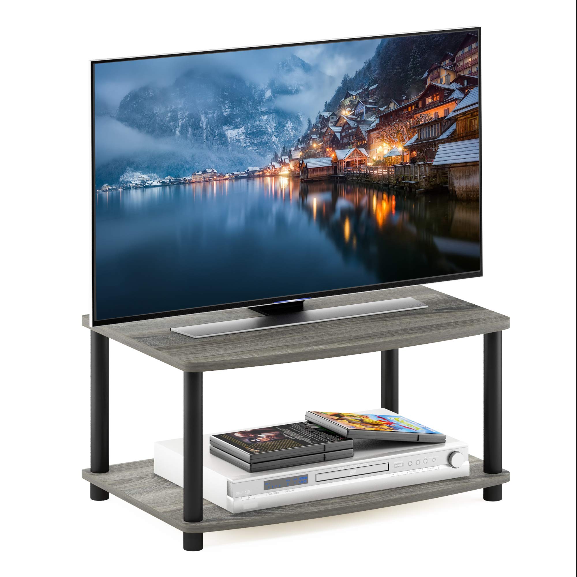 Furinno TURN-N-TUBE TV Riser Stand, 2-Tier Small Elevated No Tools TV Stand, TV Console for TV up to 32 inch, 15.8 x 23.8 x 11, for Living Room, Bedroom, Oak Grey