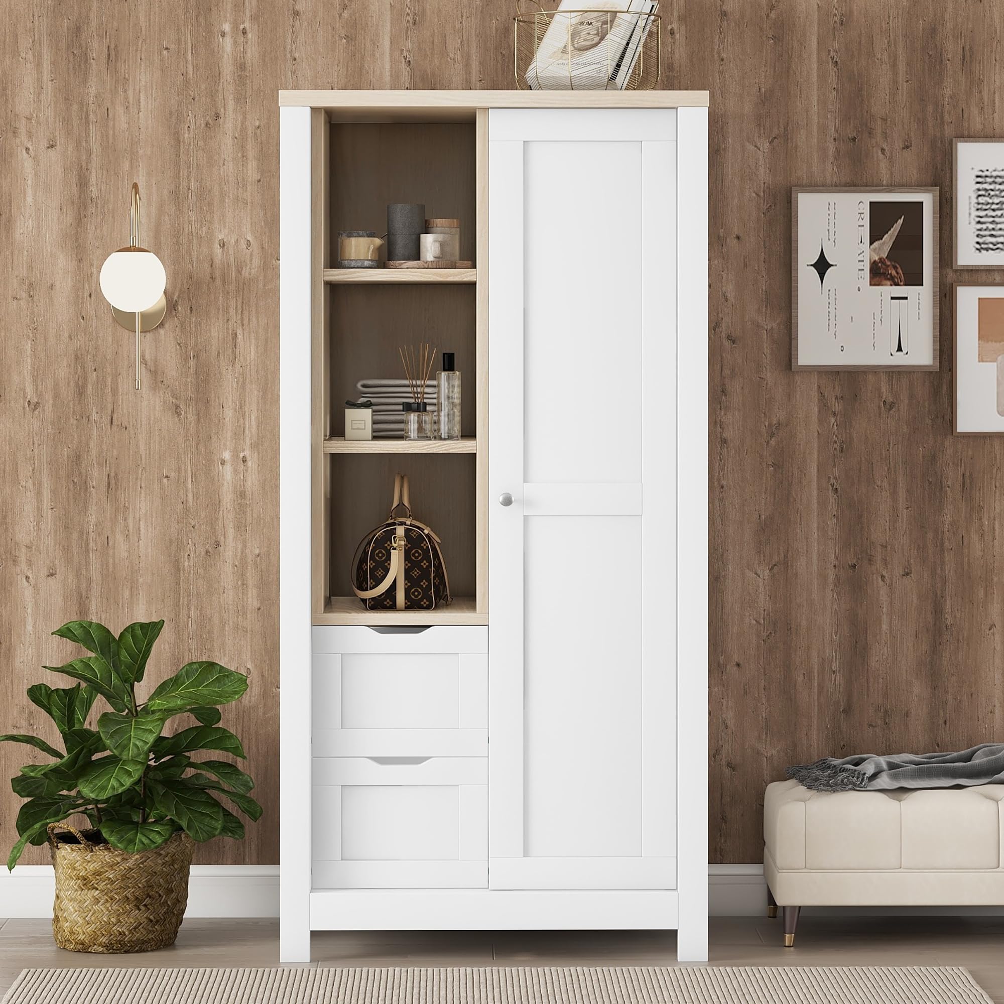 Photo 1 of Merax Armoire Wooden Wardrobe Closet Organizer with Hanging Rods, 2 Drawers and Open Shelves, Sliding Door Functional Clothes Storage Cabinet for Bedroom, White