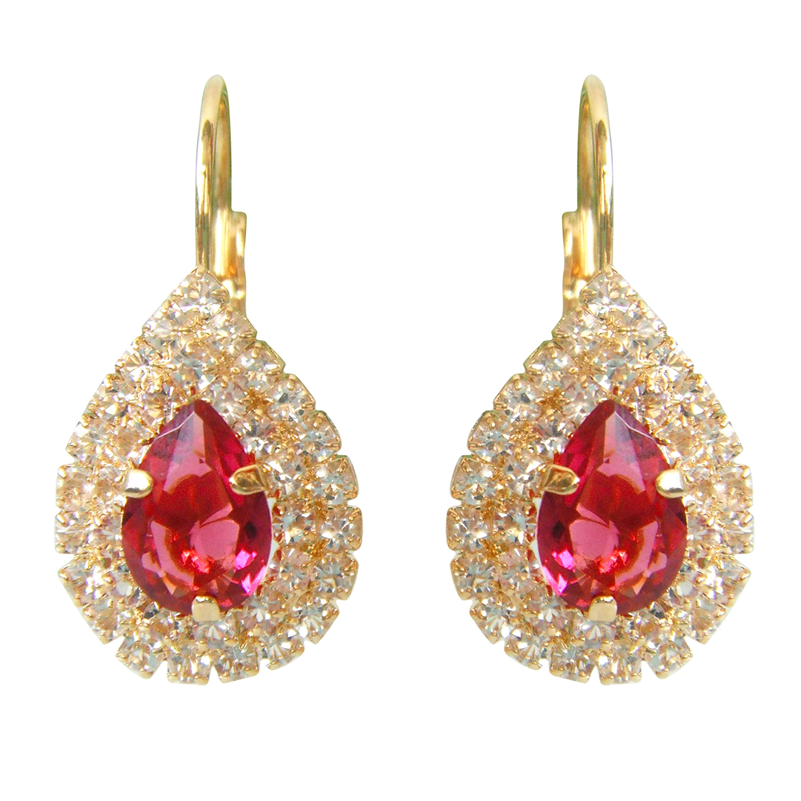 Navachi 18k Gold Plated Pear-Shape Red Zircon White Crystal Hoop Az2677e Leverback Earrings