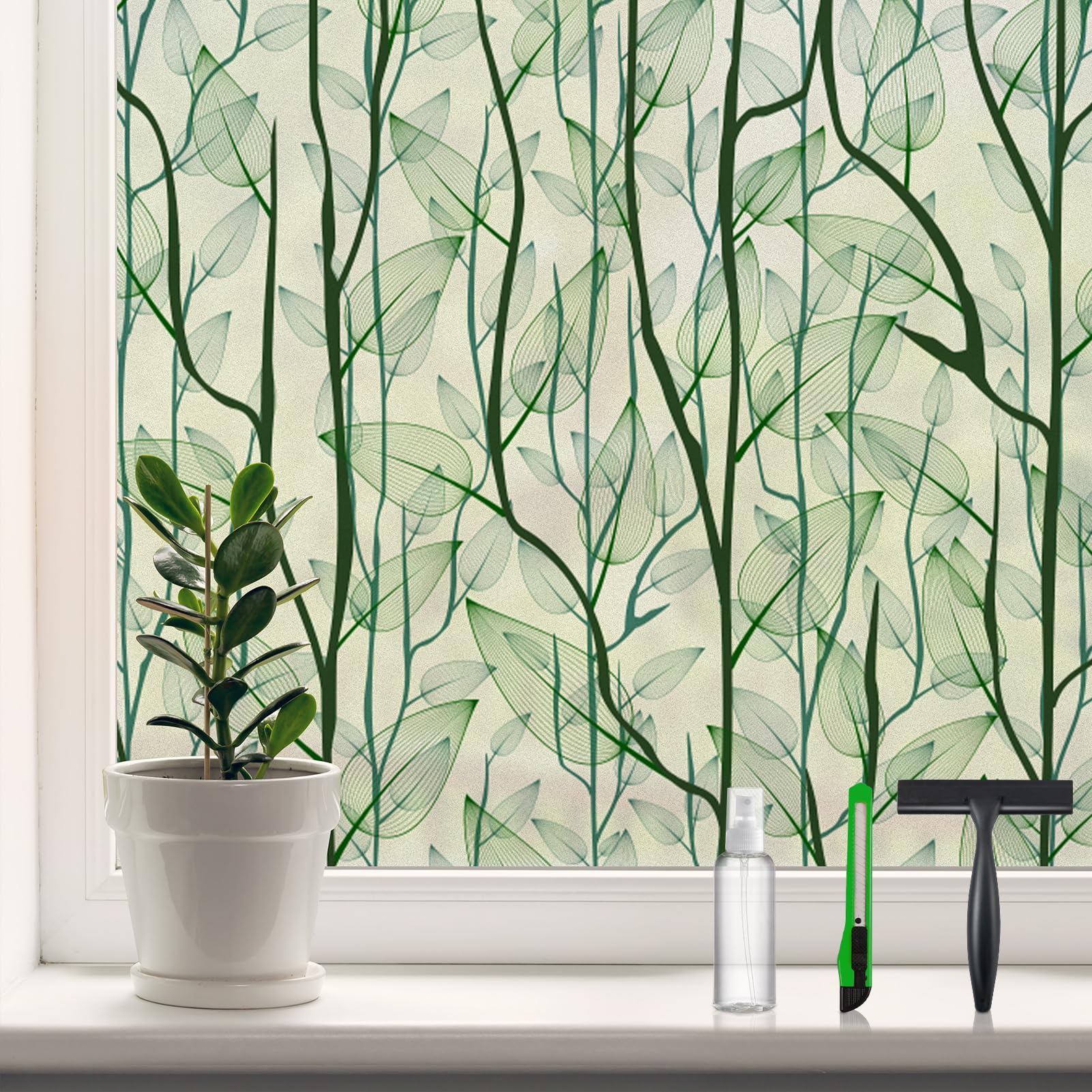 Photo 1 of DKTIE Window Film Privacy with Installation Tools, Decorative Stained Glass Window Clings for Home, Static Cling Window Sticker for Front Door, Bathroom, Glass Door (Dark Green, 17.7'' x 78.7'')