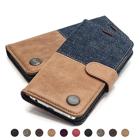 QIOTTI Hülle Kompatibel mit Galaxy S6 Ledertasche aus Hochwertigem Leder mit Kartenfach Handyhülle Tasche in Denim Braun