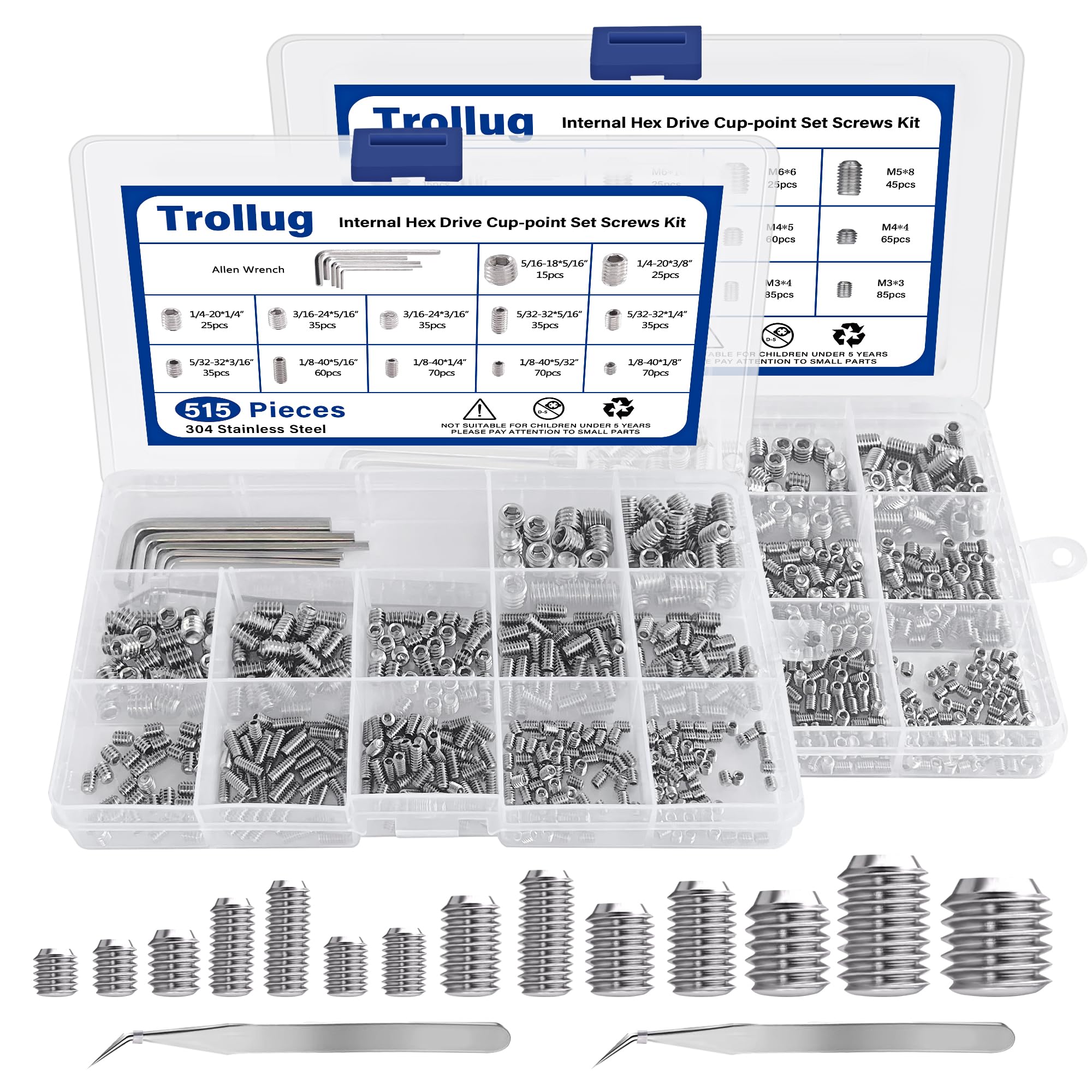Photo 1 of 1305PCS Metric + SAE Set Screw Assortment Kit, Internal Hex Drive Headless Set Screw Assortment Kit with 10 Hex Wrenches, M3 to M8 and 1/8-40 to 5/16-18 (304 Stainless Steel)