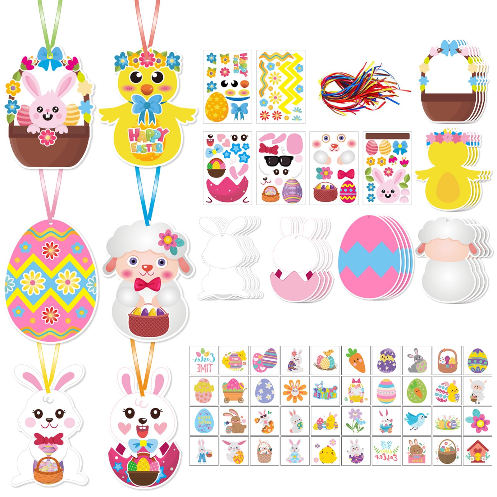 EDLMKM 112PCS Easter Crafts Set for Kids,Ornaments Unfinished Crafts Easter Ornaments, Easters Activities Egg Bunny Chick Basket Sheep Ribbons,Easte r Tattoos, Kids Easter Theme Decor
