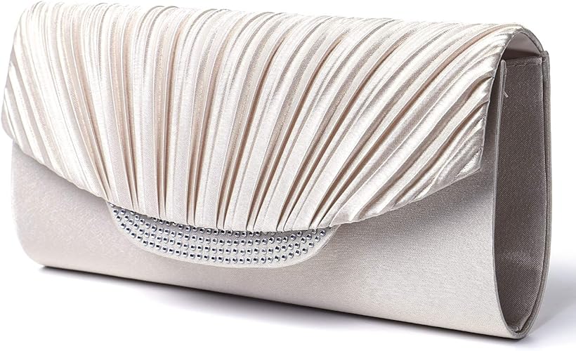 Amazon Life Innovation ビジュー ラインストーン パーティーバッグ サテン プリーツ クラッチバッグ バッグ レディース シャンパンゴールド パーティーバッグ