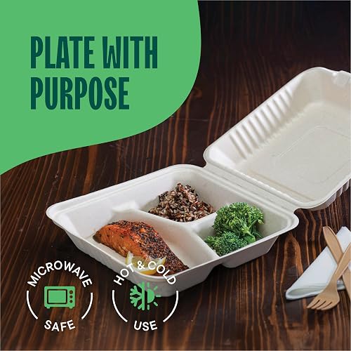 Compostable Takeout Boxes 9x9 To Go Containers 100 Pack - 3-Compartment ...