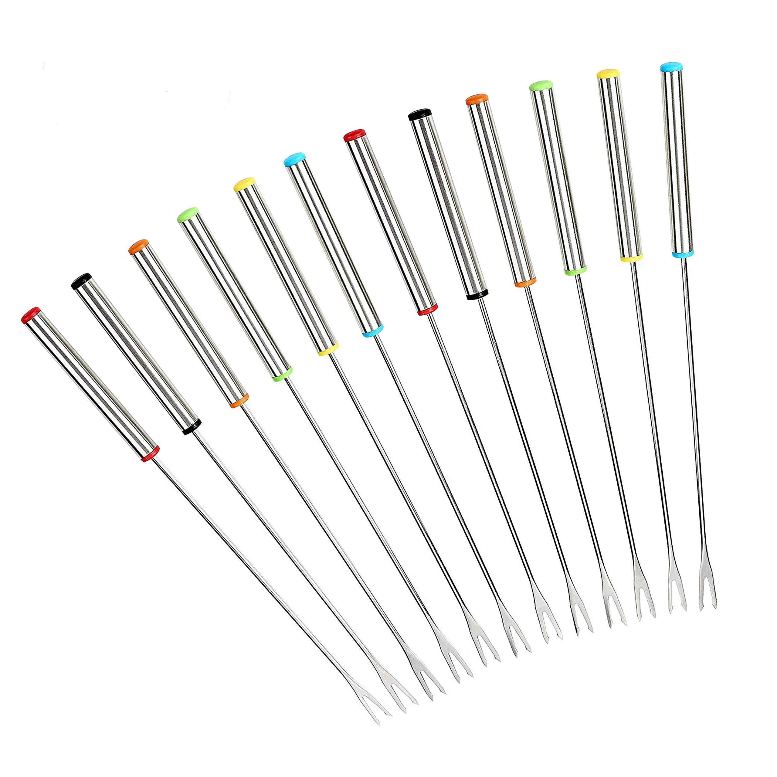 GuDoQi Stainless Steel Fondue Forks, 12 Pieces, 24cm, Heat Resistant Handle, Set of 6 Colors, Ideal for Chocolate Fondue Fountain Party, Cheese Forks