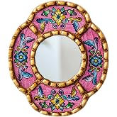 DecorContreras Oval Mirror Peruvian Reverse Painted Glass Gold Leaf Pink | Handcrafted peruvian mirrors for wall, colorful mirror accent, boho mirror small for gallery wall, peruvian decor