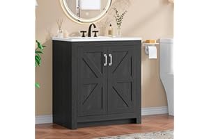 ONBRILL Farmhouse Bathroom Vanity with Sink, Freestanding Bathroom Vanities with Ceramic Basin & Soft-Close Door, Wood Storage Cabinet with Adjustable Shelf for Apartment & Small Space (Black, 30")