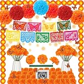 91Pcs Dia De Los Muertos Decorations Ofrenda Set Day of the Dead Decor | 13.2ft Lighted Marigold Garland, Mexican Banner, Marigold Flowers, Butterflies, Paper Pom Poms, LED Lights for Indian Diwali