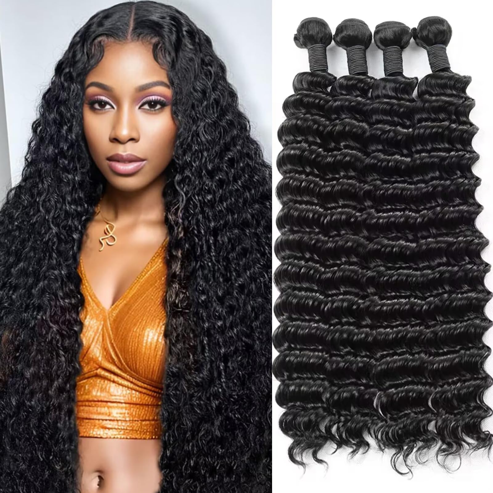 Photo 1 of 12A Deep Wave Bundles Human Hair 24 26 28 30 Inch Unprocessed Brazilian Virgin Deep Curly Quick Weave 4 Bundles Hair Extensions for Women Natural Color