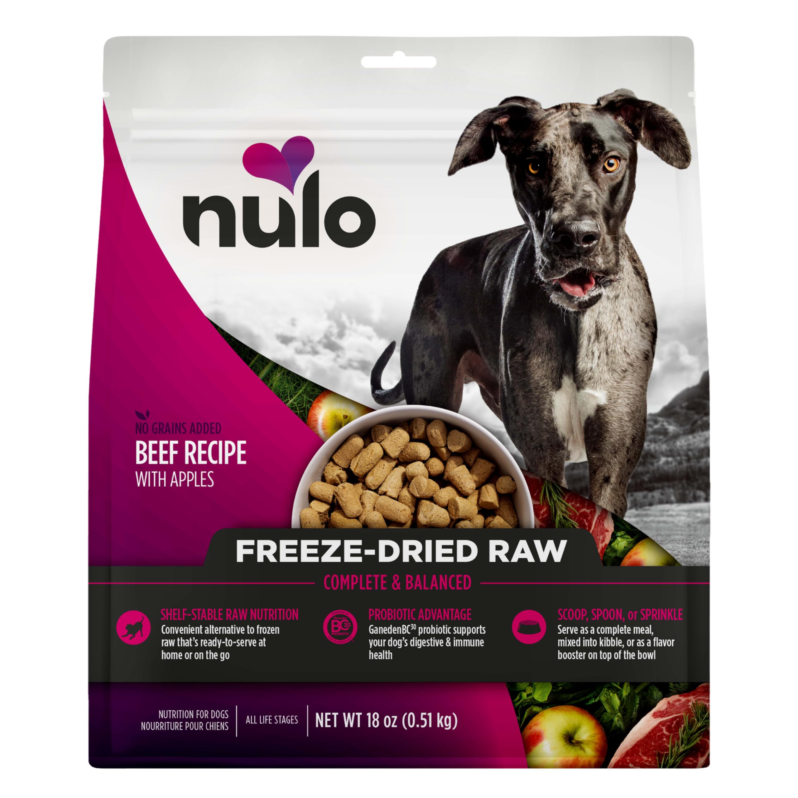 Nulo Freeze-Dried Raw Beef Recipe with Apples Complete and Balanced Dry Dog Food Kibble, 18 Ounce Bag Image