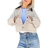APAFES Women's Cropped Barn Jacket Corduroy Collar Button Down Long Sleeve Short Coat with Pockets