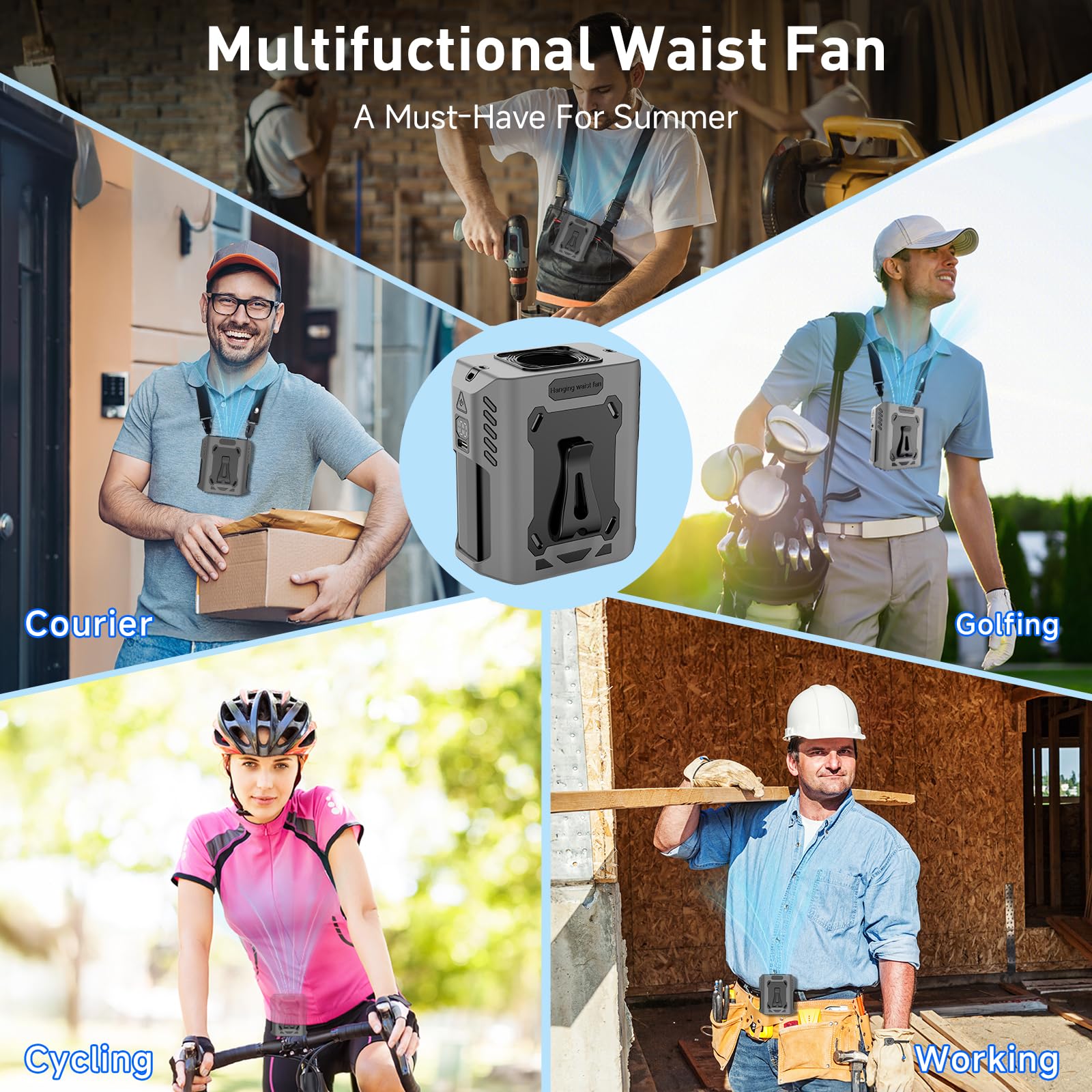 Portable Waist Fan, 5-Speed 14800RPM Strong Airflow, Personal Rechargeable Fan[Max 25H Working Time], 8000mAh Hands-Free Neck Fan, Wearable Belt Fans for Camping/Outdoor/Jobsite/Travel/Fishing