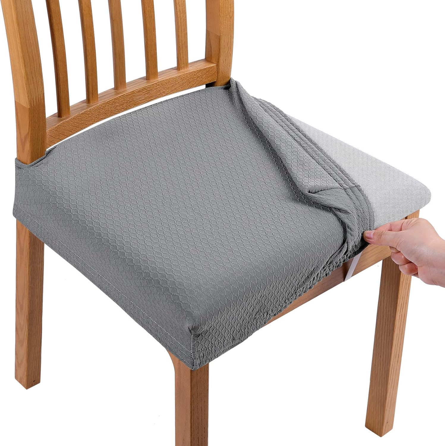 smiry Stretch Jacquard Chair Seat Covers for Dining Room, Removable Washable Anti-Dust Chair Seat Protector Slipcovers - Set of 6, Light Grey