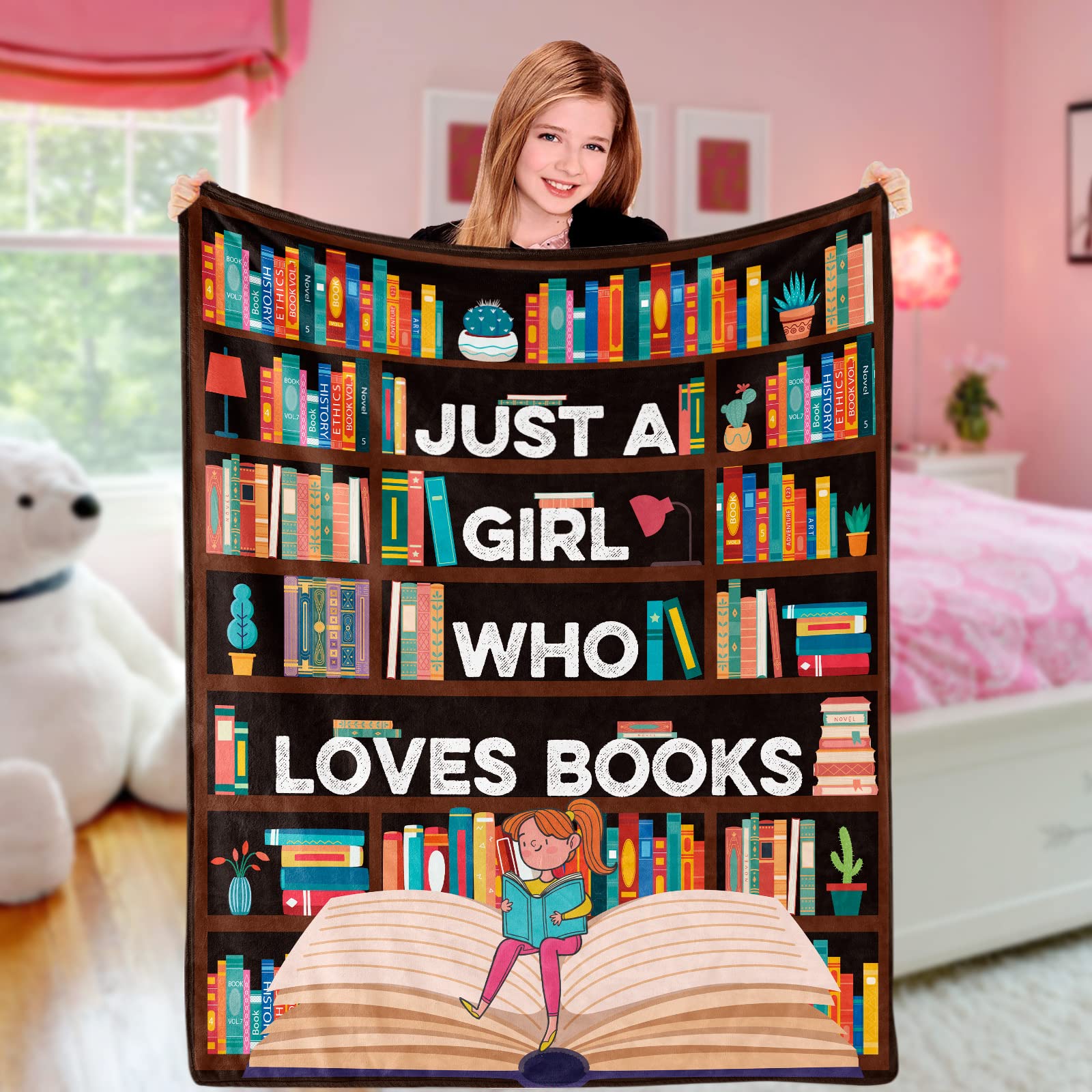Book Lovers Gifts for Girls, Just A Girl Who Loves Books Blanket, Soft Fleece Flannel Book Lovers Throw Blanket, Reading Gifts Ideas for Teen Readers Librarian Bookish Bookworm Graduation, 130x152 cm