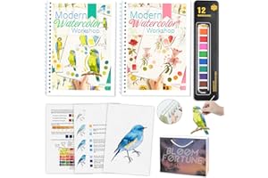 apolyone Watercolor Workbooks with Step by Step for Adults Teens - 2 Pack Beginner workbooks with 24 Coloring Book Pages - 12 color blocks and a Brush - Watercolor Paper 300gsm/140lb (birds & flower)