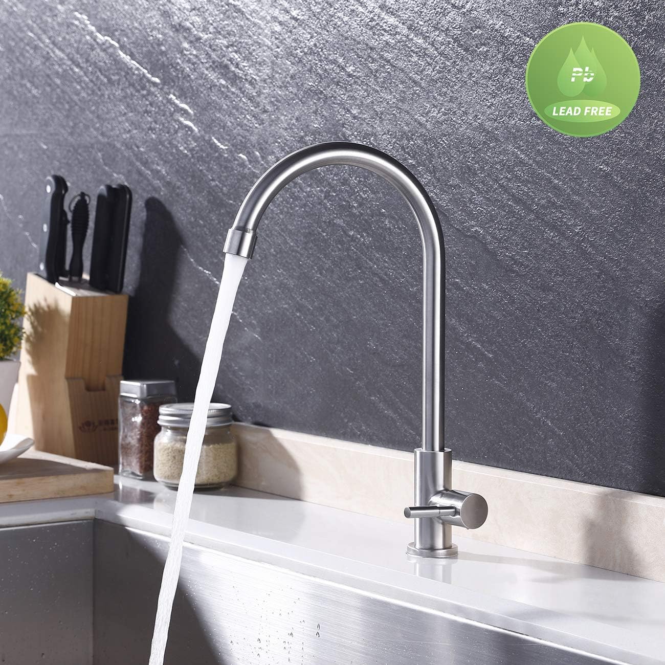 KES Kitchen Sink Faucet for Cold Water Gooseneck Bar Sink Faucet Single Hole Stainless Steel Single Handle Bathroom Faucet Brushed Steel Finish, K8051ALF-BS - - 