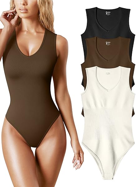 OQQ WOMEN’S 3 PIECE SEXY RIBBED V NECK SLEEVELESS TANK TOP BODYSUIT, BLACK,COFFEE,BEIGE, MEDIUM