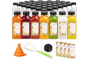 TOMNK 100pcs 12oz Empty Plastic Juice Bottles with Caps, Reusable Clear Bulk Beverage Containers with Lids, Label, Funnel and Brush for Juicing, Milk, Smoothie and Beverages