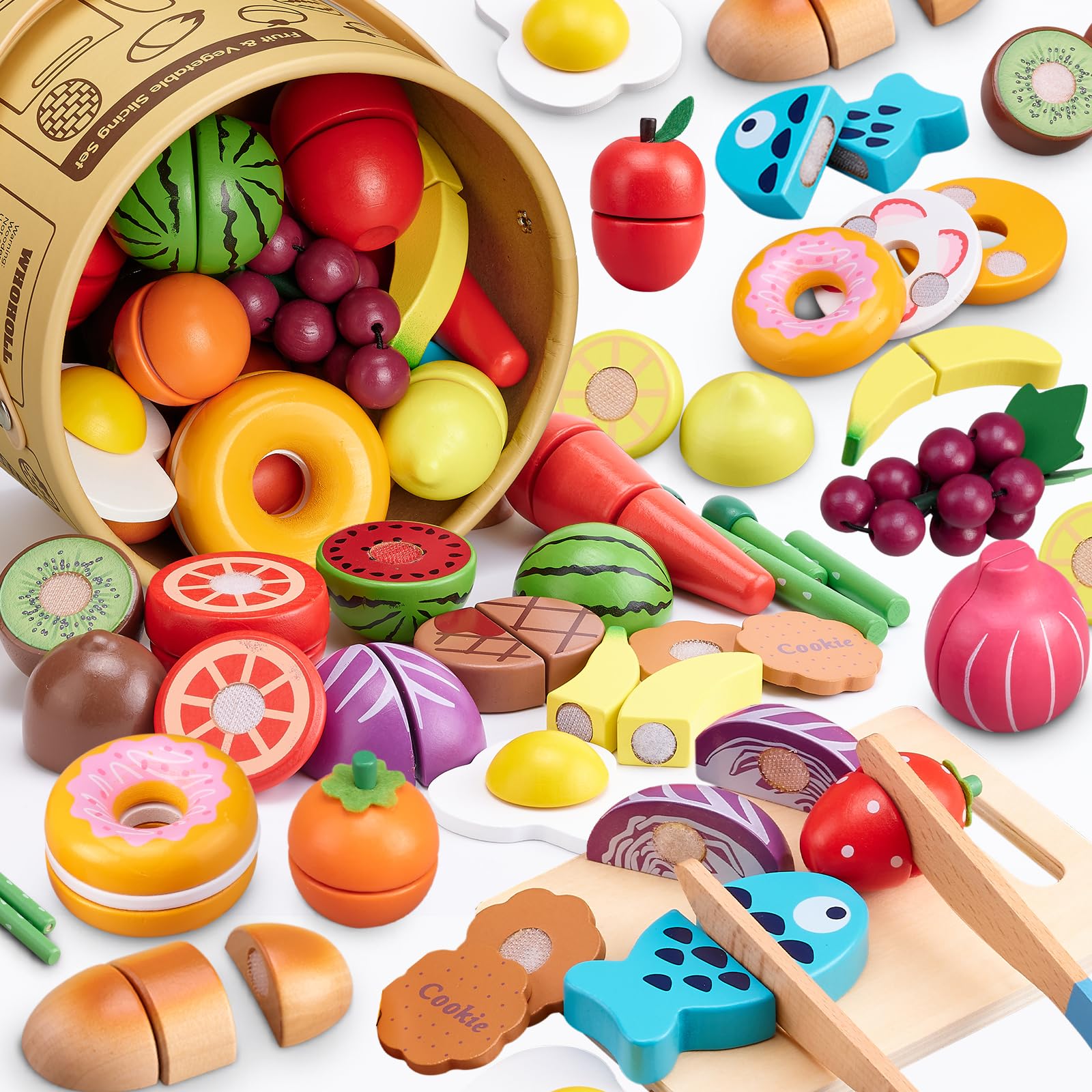 Photo 1 of Wooden Play Food Sets for Kitchen Kids Velcro Fruits and Vegetables Cutting Toys for Toddlers Pretend Food Kitchen Accessories Playset Birthday for 3 4 5 6 Years Old Boys Girls