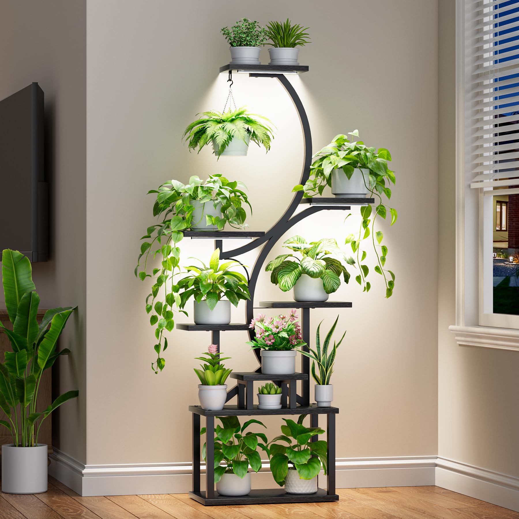 Plant Stand Indoor with Grow Lights - 62" Tall Plant Shelf, Lighted Corner Plant Stands for Indoor Growing, 8 Tiered Large Flower Holder, S-Shaped Plants Rack for Living Room, Patent Design, Black Image