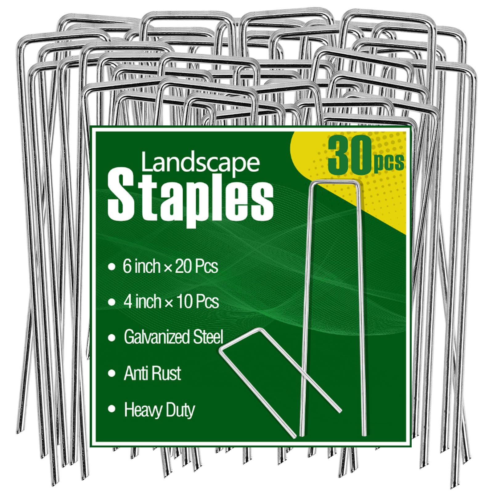 View 1 of 30 Pcs Galvanized Landscape Staples Metal Garden Stakes Heavy Duty for Ground Cover, U-Shaped Pins Yard Stakes Weed Barrier Fabric, Garden Hose, Drip Irrigation, 1.6 inch*(6+4 inch)