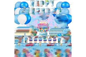 95PCS Blue Birthday Party Decorations, Cartoon Party Supplies Include Background, Banner, Foil Balloons, Cake Toppers, Plates