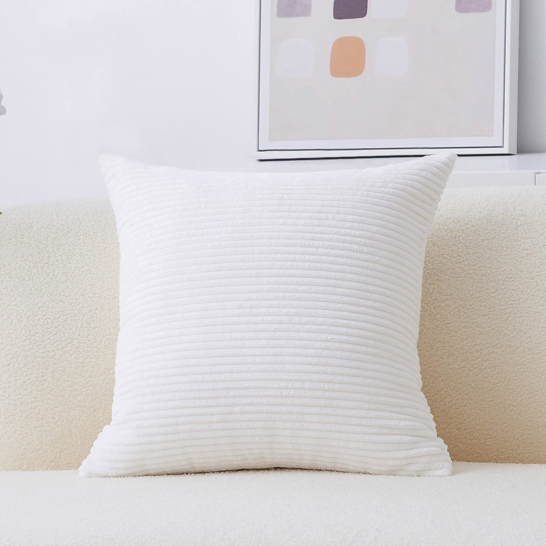 Home Brilliant White Cushion Covers 45cm x 45cm Striped Corduroy Velvet Handmade Throw Pillows for Sofa Supersoft Decorative Pillows for Bed, Creamy White, 45 x 45 cm, 18inch