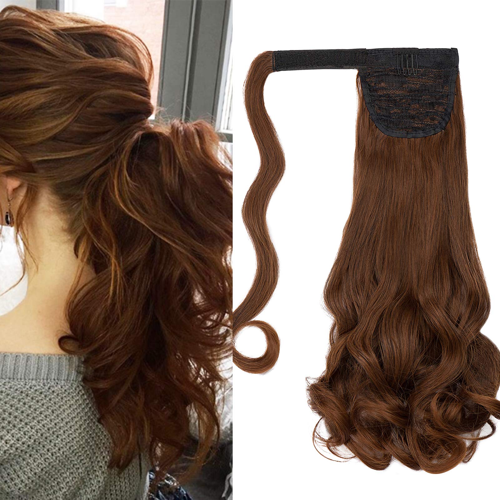 Cybelleza Curly Ponytail Extension Long Wavy Wrap Around Ponytails 20 inch Clip in Hair Extensions Hairpiece Synthetic for Women 105g (Dark Brown & Light Auburn)