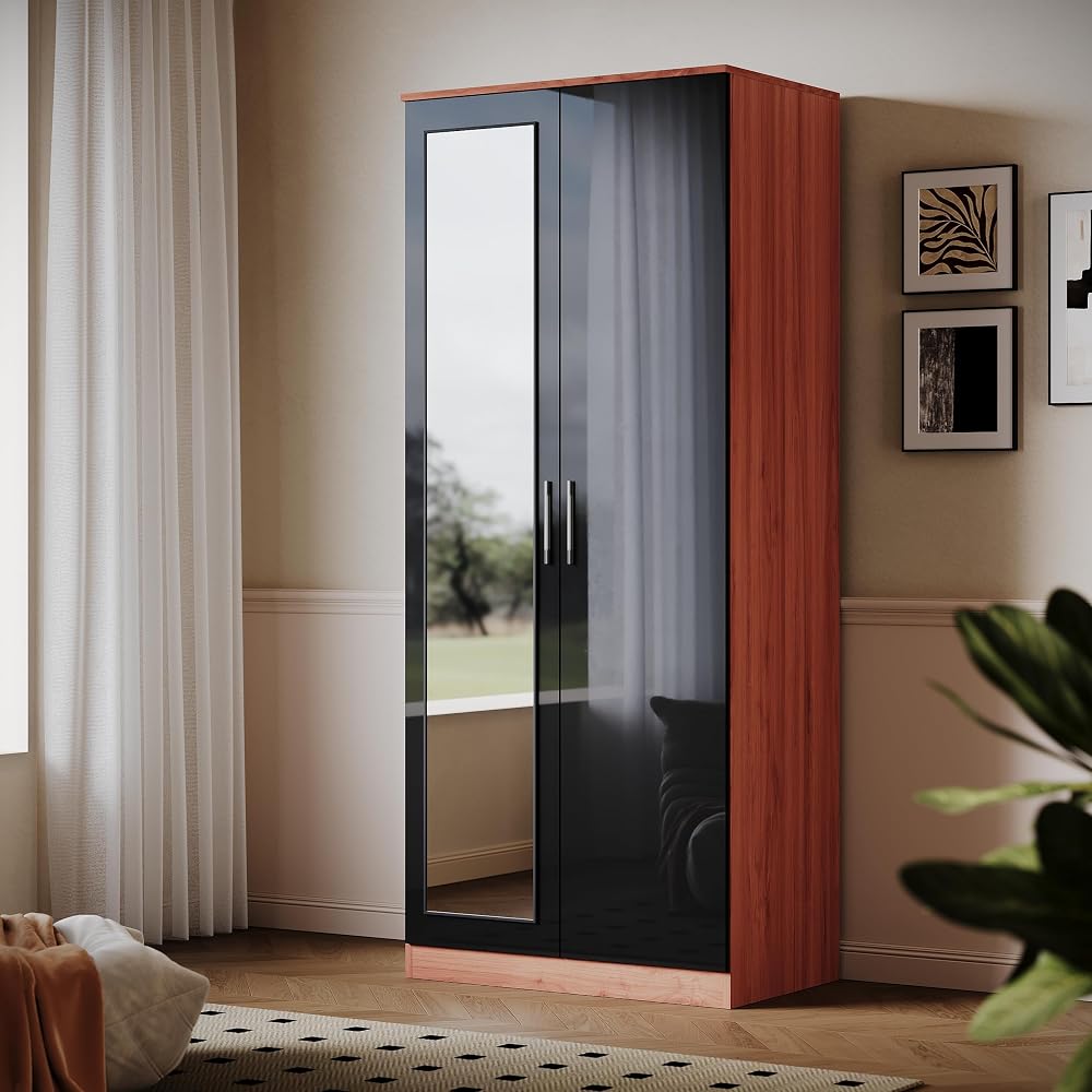 ELEGANT Soft Close 2 Door Wardrobe with Mirrored High Gloss Black Walnut