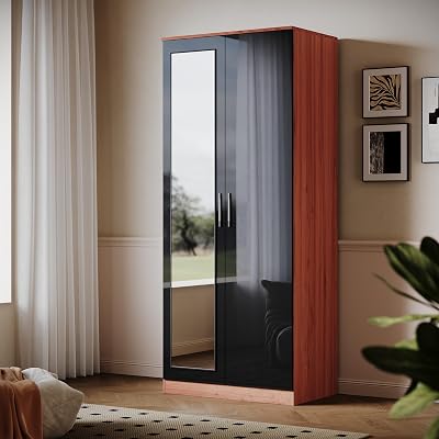 ELEGANT Soft Close 2 Door Wardrobe with Mirrored High Gloss Black Walnut