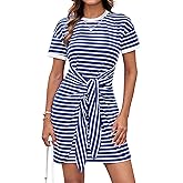 GRACE KARIN Striped Shirt Dresses for Women Front Tie Crewneck Wrap Dress Short Sleeve T-Shirt Casual Mini Bodycon Dress